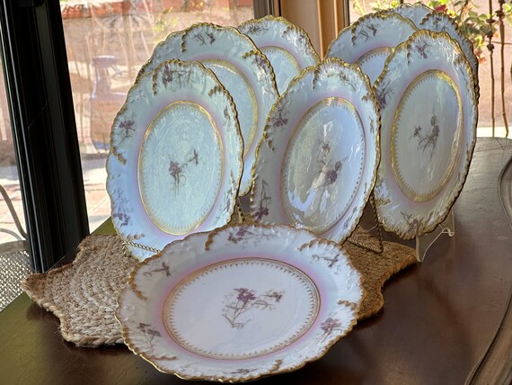 Antique  French Dessert Plates: Pink Gilded Scalloped Rims Soft Sherbet Hues Timeless Elegance (1891 1932)