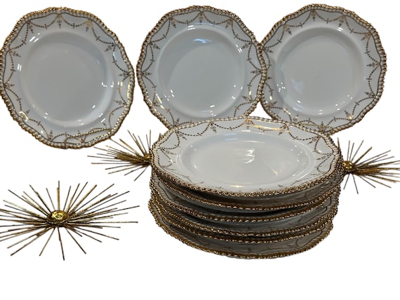 Antique Copeland China Dinner Plates: Hand-Painted Bell Swags Gilded Rims Wedding Set 1896