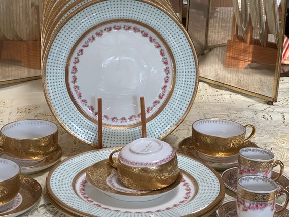 28Pc Assembled Aqua Dinnerware Set Pink Rose Garland Gilded Set Family Heirloom  Wedding Gift for Bride 12 Dinner Plates  C 1892 1912