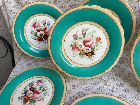 8 Rare Antique English Botanical Dessert Plates with Teal Border, Hand Painted Floral Center, Gilded Scalloped Rims, Cottage Style, C 1800s
