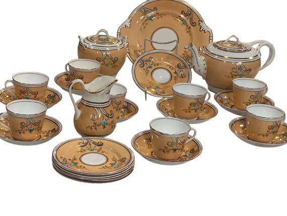 Vintage Victorian 26-piece Peach and Turquoise English Tea Set with Gilt Trim, Teapot, Timeless Quality, Teacups and Saucers 1850 1899