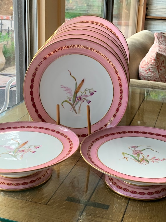 1873 Pink Minton Dessert Set: Wildflower Plates & Cake Stands