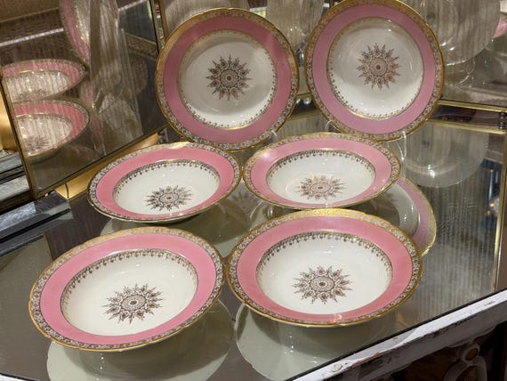 Vintage German Pink Soup Plates Embossed Gold Medallion