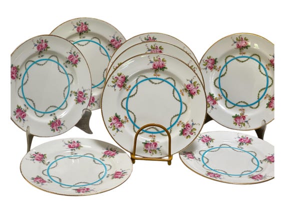 Antique Minton Dessert Plates: Hand Painted Pink Roses Enameled Turquoise Circle Heirloom Plates Wedding Gift