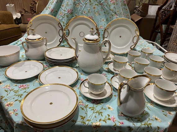 Elegant 1800s Limoges Tea Set for 10 with French white and Gold Trim Accents