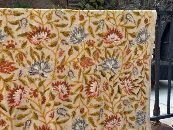 Antique Crewel Embroidered Linen Wall Hanging: 19th Century Heirloom Wool Needlewark Art