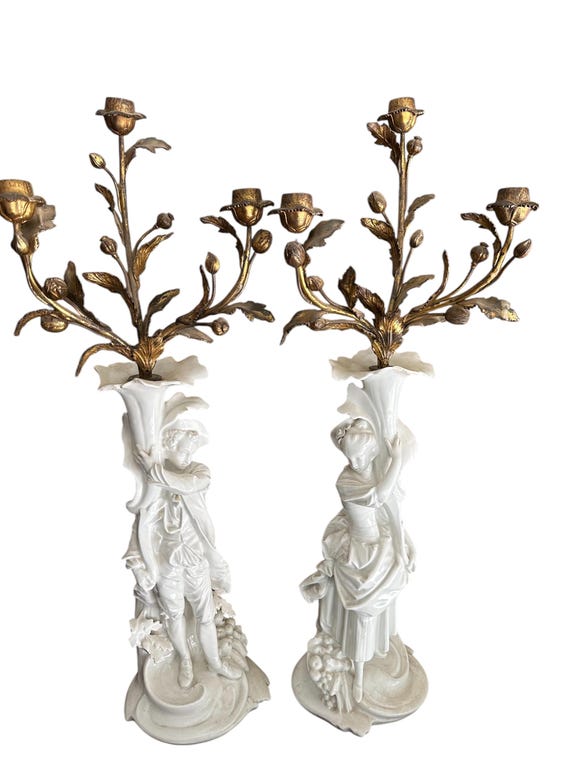 Rare 19th Century French Porcelain Figurine Candelabras: Antique White Male Female Pair (1800s)