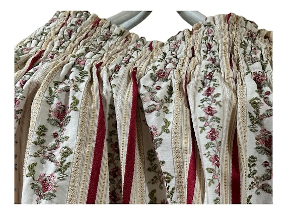 Pair Vintage French-styled Drapery Panels Smocked Heading Red Velvet Ribbon and Embroidery Fully Lined 32 X 82 Inches