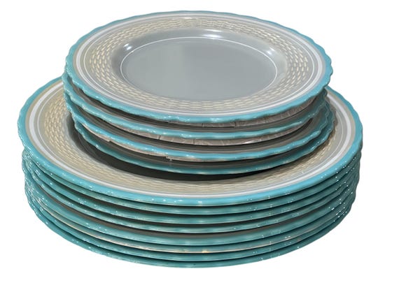 Vintage Minton Dinner Plates: Turquoise Rim Embossed Basketweave Border 12 Piece Set  C 1920s