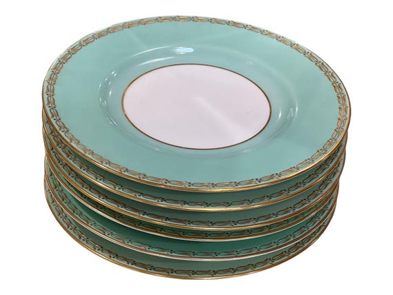 6 Vintage Royal Worcester Dinner Plates Wide Mint Green Border w Raised Gilded Rims Family Heirloom Wedding Gift for Bride Circa 1940