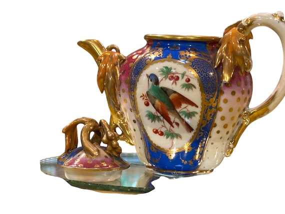 Unique Antique Old Paris Teapot with Gilded Medallion and Painted Birds