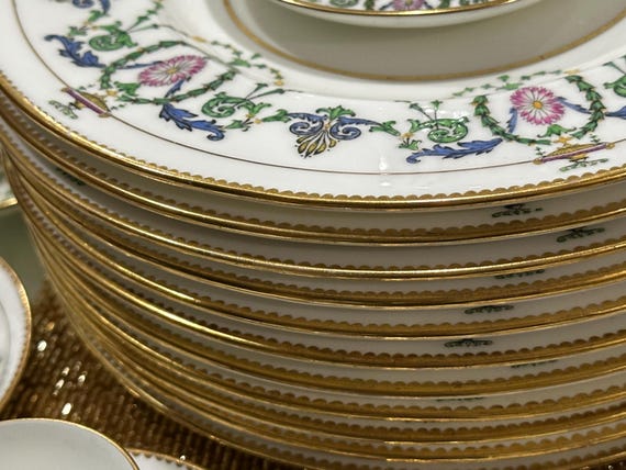 1913 Antique Royal Worcester Neoclassical China Set with Enameled Pink Medallions  49 Pieces
