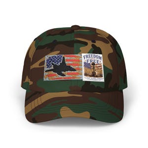 May include: A camouflage baseball cap featuring two rectangular patches on the front. The left patch shows a black fighter jet silhouette over a stylized American flag. The right patch displays a soldier's helmet and boots with the text FREEDOM ISN'T FREE.