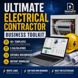 May include: A digital business toolkit for electrical contractors featuring a laptop displaying financial charts, a yellow hard hat, and rolled blueprints. The text reads Ultimate Electrical Contractor Business Toolkit, 40+ Templates, 5 Calculators, Editable Documents, and Instant Download.