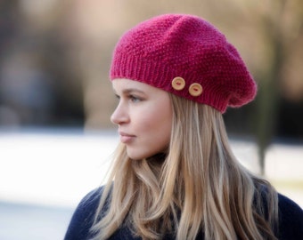 Pink beanie hat, Alpaca, hand knitted, coral pink, raspberry red, luxury tam, warm soft wool, winter beret, fair trade, eco friendly,