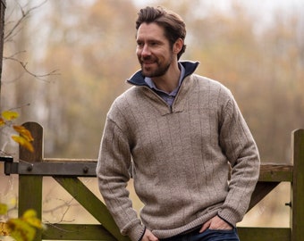 Men's Sweater Alpaca wool zip neck jumper, beige. Warm knit ethical pullover. Small to XXL sizes, fair trade.