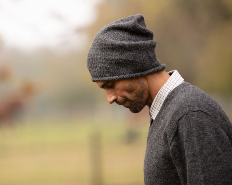 Men's Slouch Beanie Hat, 100% Alpaca, Light grey, Hand Knitted Slouchy Toque, woolly hat, Baggy wool knit hat, Ethical, Plastic free Charcoal grey