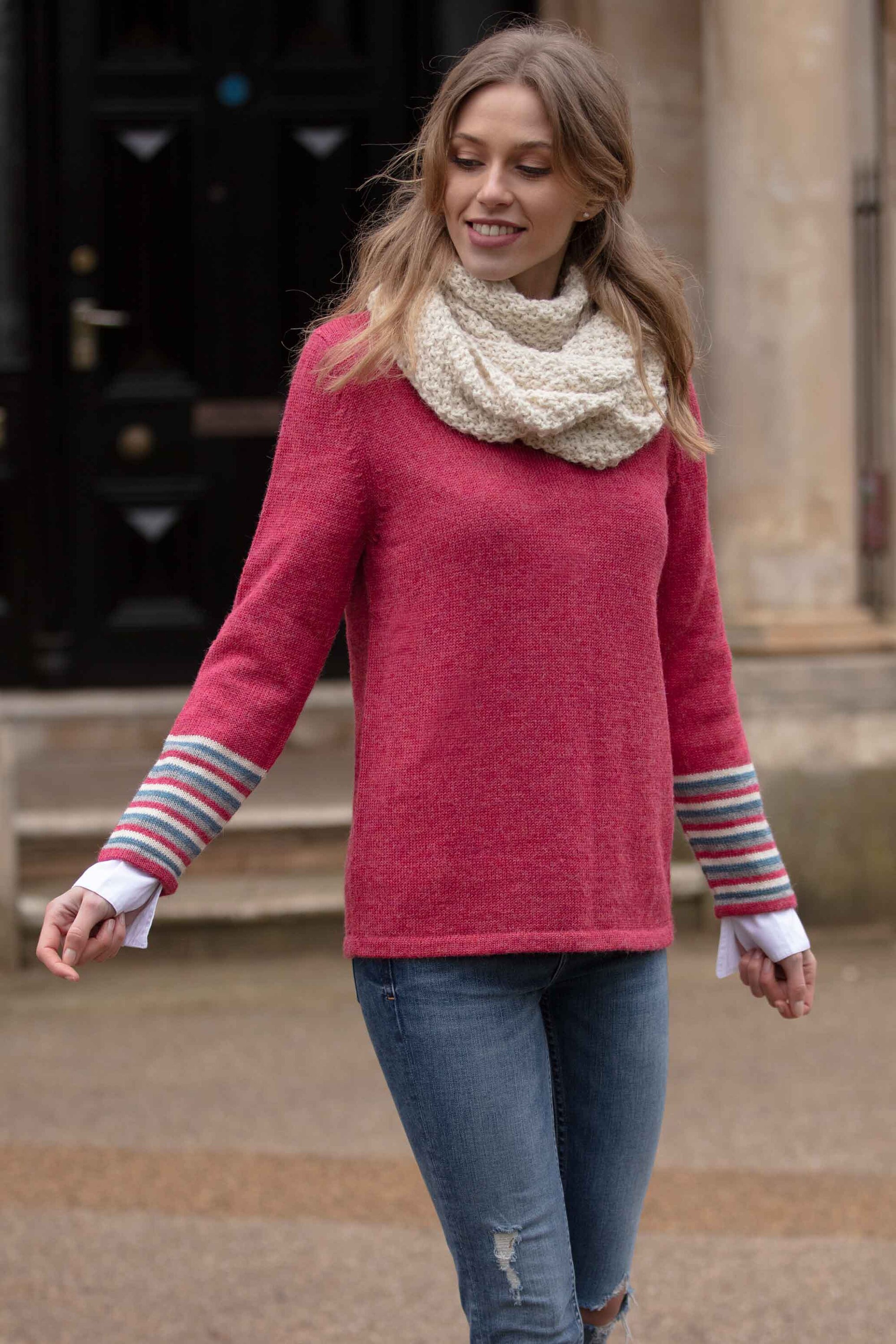 Image of % Alpaca Sweater, Wool Knit Jumper, Knitted Pullover. Warm Knitwear For Fall & Winter. Striped Sleeves. Ethical, Plastic Free