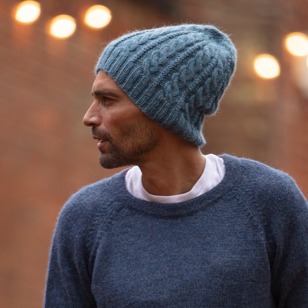 Men's beanie hat, cable knit, 100% alpaca wool, hand knitted toque, natural fibres, plastic free cap, warm winter slouchy hat, eco gift man