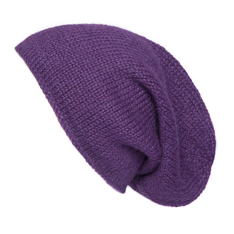 Women's Slouch Beanie Hat, 100% Alpaca, Light grey, Hand Knitted Slouchy Woolly Toque, Baggy wool hat, Ethical, Fair Trade, Plastic free Purple