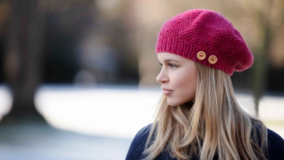 Pink Beanie Hat Alpaca Hand Knitted 