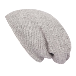 Women&#39;s Slouch Beanie Hat, 100% Alpaca, Light grey, Hand Knitted Slouchy Woolly Toque, Baggy wool hat, Ethical, Fair Trade, Plastic free