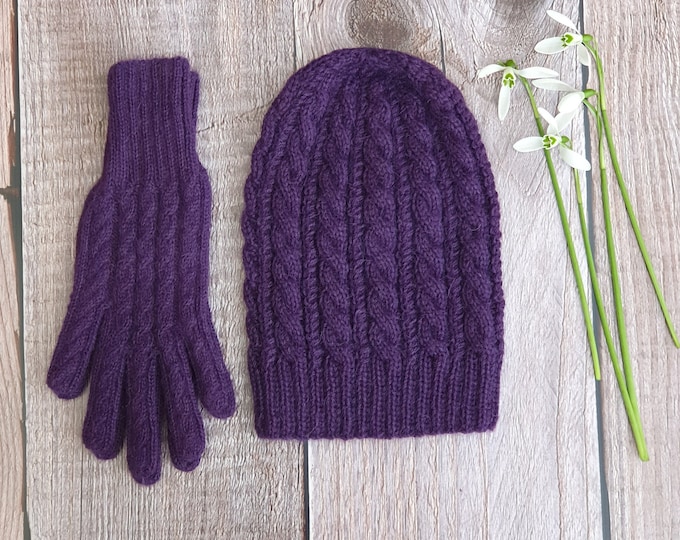 Hat and gloves set, hand knitted 100% Alpaca wool, cable knit, winter warm knit matching set. Eco friendly, plastic free, ethical, fairtrade