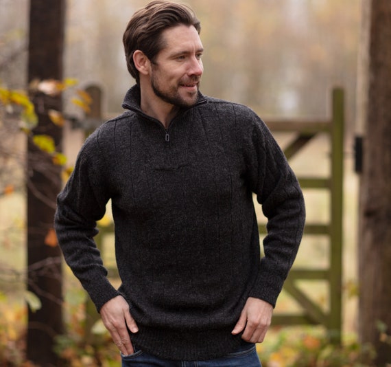 Men's Sweater Alpaca Wool Zip Neck Jumper, Beige. Warm Knit Ethical Pullover.  Small to XXL Sizes, Fair Trade. -  Sweden