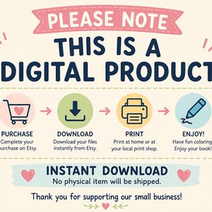 May include: A digital product information graphic with a cream background. The text reads: PLEASE NOTE THIS IS A DIGITAL PRODUCT. It includes four icons: a shopping cart, a download arrow, a printer, and a pencil. Text below reads: INSTANT DOWNLOAD. No physical item will be shipped. Thank you for supporting our small business.