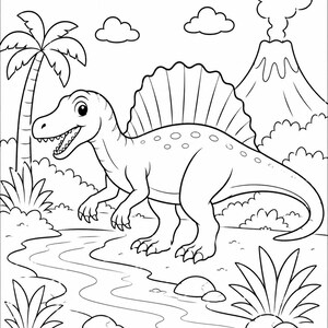May include: A black and white line art coloring page featuring a Spinosaurus dinosaur standing near a river. The scene includes a palm tree, a smoking volcano in the background, clouds, and various plants, all rendered in a clear, bold outline style.