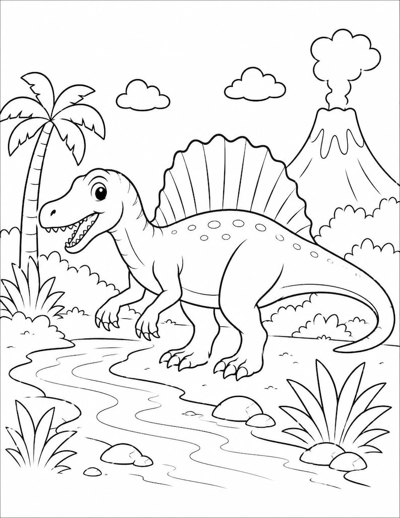 May include: A black and white line art coloring page featuring a Spinosaurus dinosaur standing near a river. The scene includes a palm tree, a smoking volcano in the background, clouds, and various plants, all rendered in a clear, bold outline style.