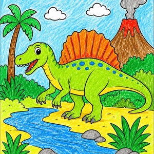 May include: A colorful crayon drawing of a green dinosaur with a large orange sail on its back, standing near a blue river. The scene includes a brown volcano with gray smoke, a palm tree, green bushes, and a bright blue sky with white clouds.