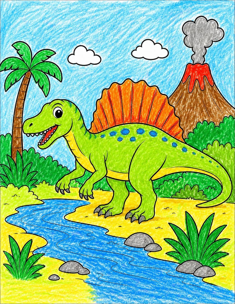May include: A colorful crayon drawing of a green dinosaur with a large orange sail on its back, standing near a blue river. The scene includes a brown volcano with gray smoke, a palm tree, green bushes, and a bright blue sky with white clouds.