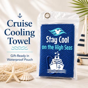May include: A dark blue textured cooling towel inside a clear waterproof pouch with a metal carabiner. The towel features a white graphic of a cruise ship, a Mickey Mouse icon, and the text Stay Cool on the High Seas printed in white.