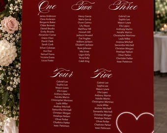 Editable Crimson Heart Wedding Seating Chart, Romantic Table Plan (Canva Template)