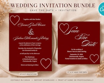 Deep Red Heart Wedding Invitation & Save the Date Bundle | Editable Canva Template Suite