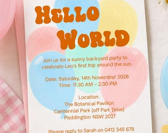 Editable Retro Pastel Balloon 1st Birthday Invitation (Digital Download)