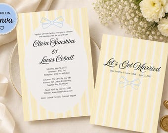 Yellow Striped Wedding Invitation Suite, Blue Bow Coquette Invite (Canva Printable)