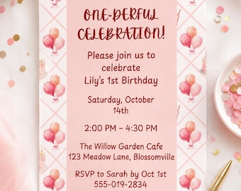 Pink Watercolour First Birthday Invitation Template Editable Canva Girl Party Invite 5x7 Digital Download
