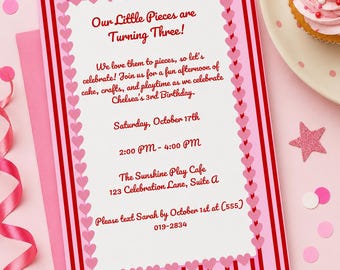 Editable Birthday Invitation, Pink Red Stripes Hearts, Kids Party Invite (Digital Download)