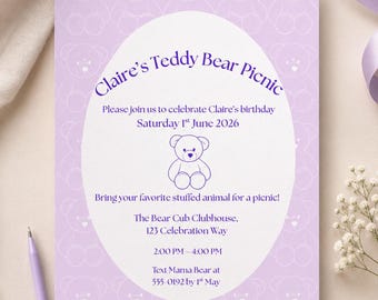 Teddy Bear Picnic Invitation, Girls Pastel Birthday Evite (Digital Download)