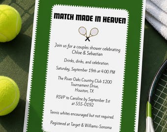 Tennis Couples Shower Invitation Template: Preppy Green, Gold Rackets (Digital Download)