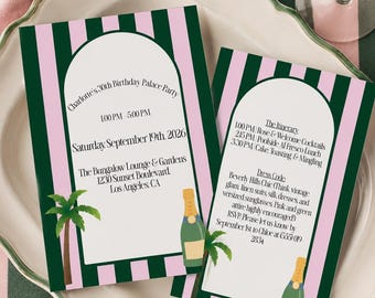 Editable Retro Palm Trees Birthday Invitation, Pink Green Glam Chic Wine Template