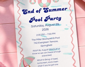 Retro Pool Party Invitation Template Editable Canva Pink & Mint Summer Party Invite