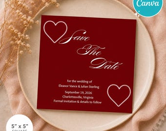 Red Heart Save the Date Template, Romantic Wedding Evite (5x5 Digital Download)