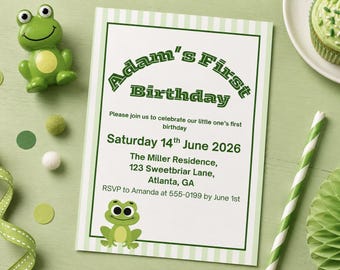 Editable Frog 1st Birthday Invitation Template, Instant Download, Canva Template 5x7