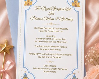 Royal Princess Birthday Invitation, Storybook Castle Ball, Editable Kids Invite (Digital Printable)