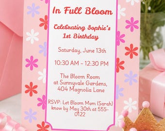 Floral 1st Birthday Invitation Template, Wildflower Girl First Birthday Invite (Digital Download)