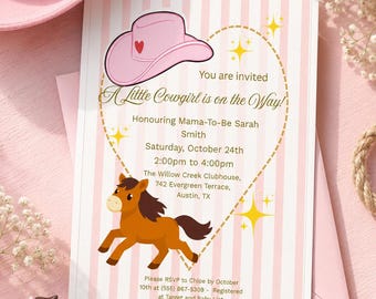 Editable Cowgirl Baby Shower Invitation, Pink Western Pony Template (Digital Download)