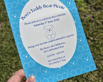 Editable Teddy Bear Picnic Invitation, Blue Bear Boy Birthday, Stuffed Animal Party (Digital Download)